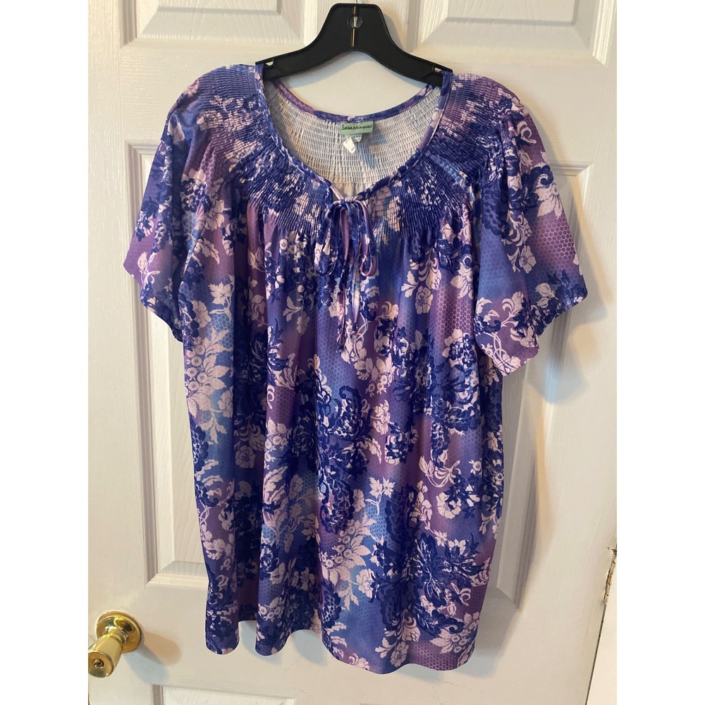 Sara Morgan Purple Floral Smocked Tie Neck Short Sleeve Blouse Top Large B2K